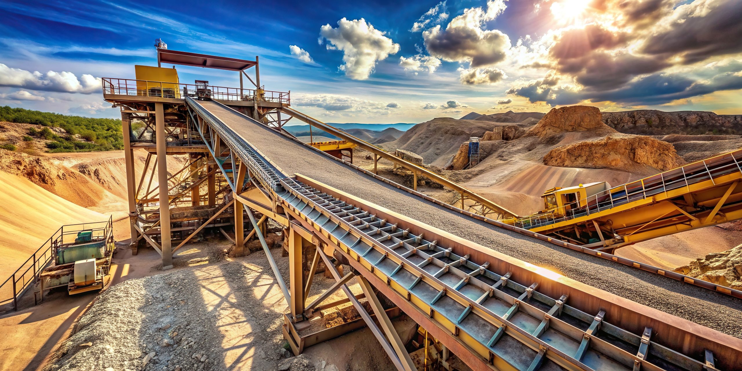 material handling, worm's eye view, conveyor, industrial, rocks, crushing, equipment, infrastructure, A stone crusher conveyor in a mining extraction plant captured from a worm s eye view